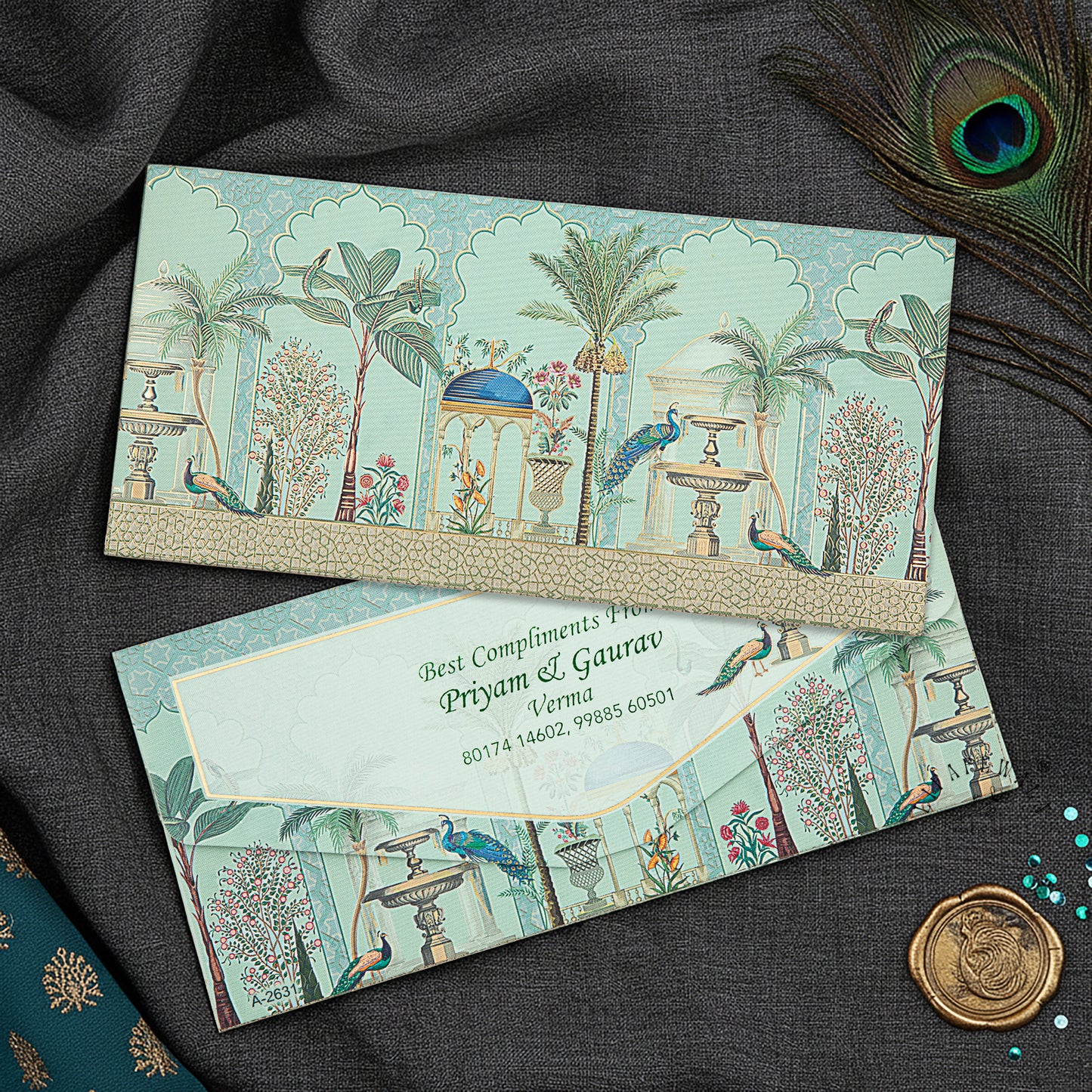 Designer Peacock Shagun Envelopes – Velvet Feel Gold Foil with UV Finish Wedding Gift Covers | Lifafewala