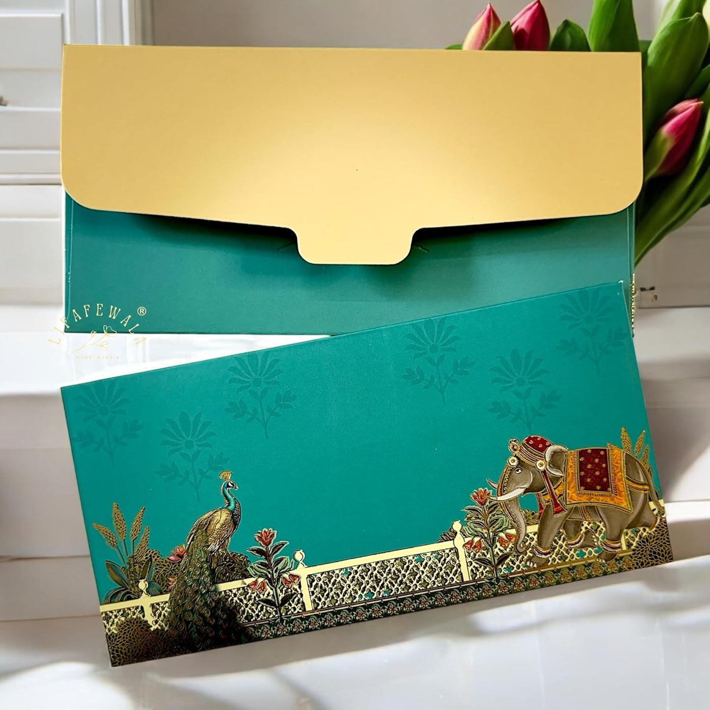 LIFAFEWALA Premium & Exclusive Peacock & Elephant design Money and Shagun Envelopes for Wedding,Birthday,Gifting |Matte Finish| |Pack of 10| (Gold Foil) (Color: Green)