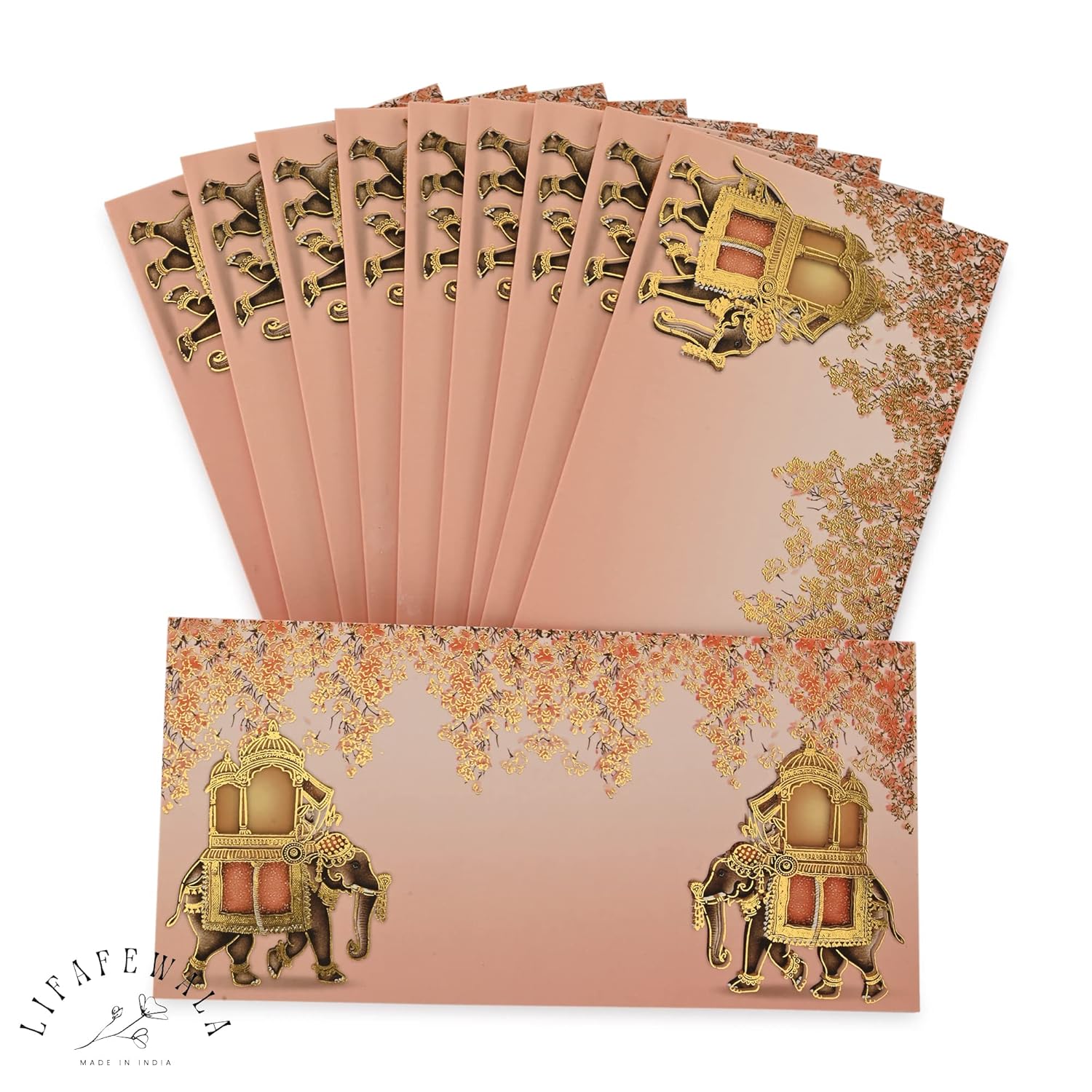 LIFAFEWALA 2 Exclusive and Luxurious Elephants & Floral Print Design Shagun Envelopes Velvet Feel | Pack of 10 | (Size : 19.5 X 9.5 CM) Baby Pink Color (V-129)