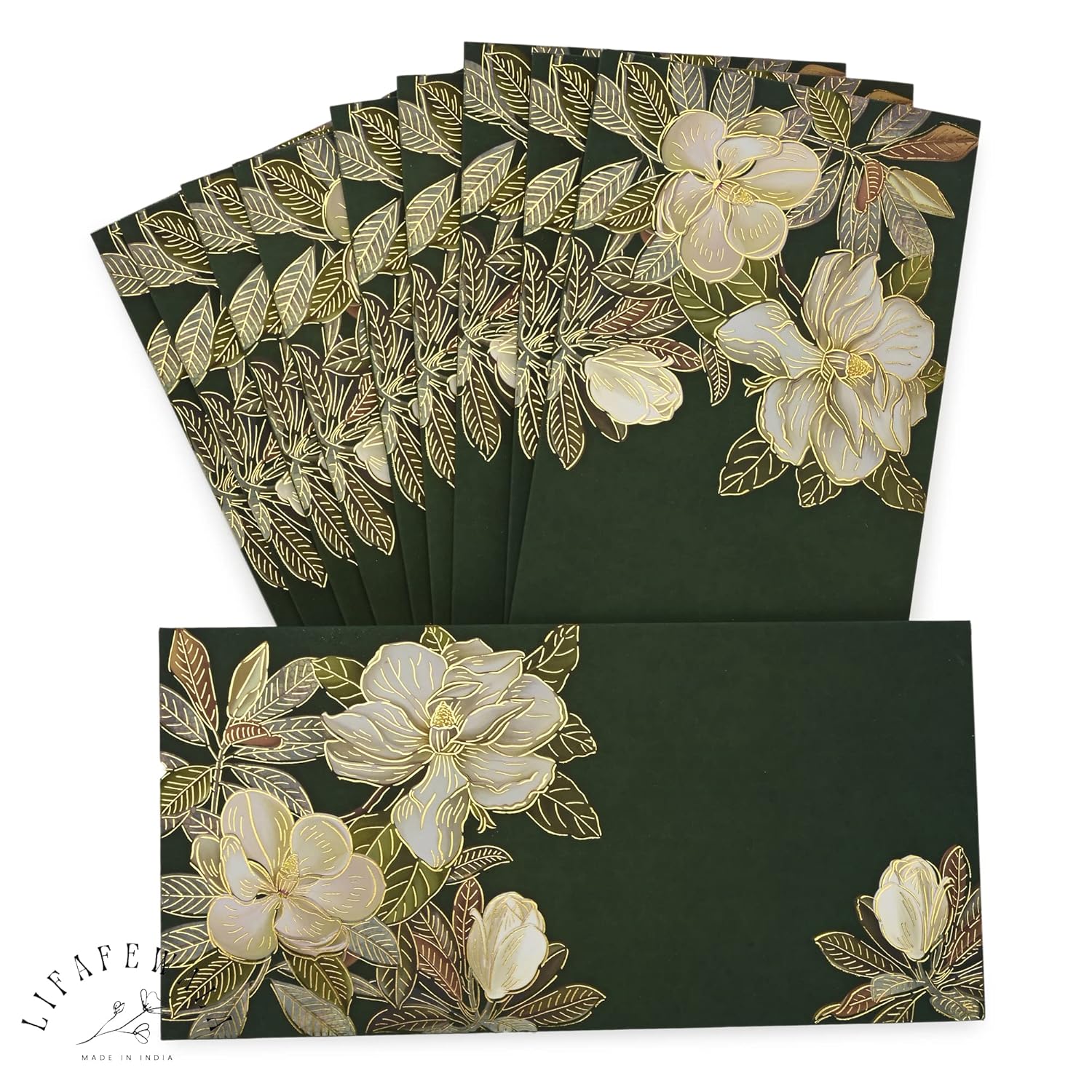 LIFAFEWALA Exclusive and luxurious Flowers Print Design Shagun Envelopes Velvet Feel | Pack of 10 | (Size :19.5 X 9.5 CM Approx.) Dark Green Color (V-125)