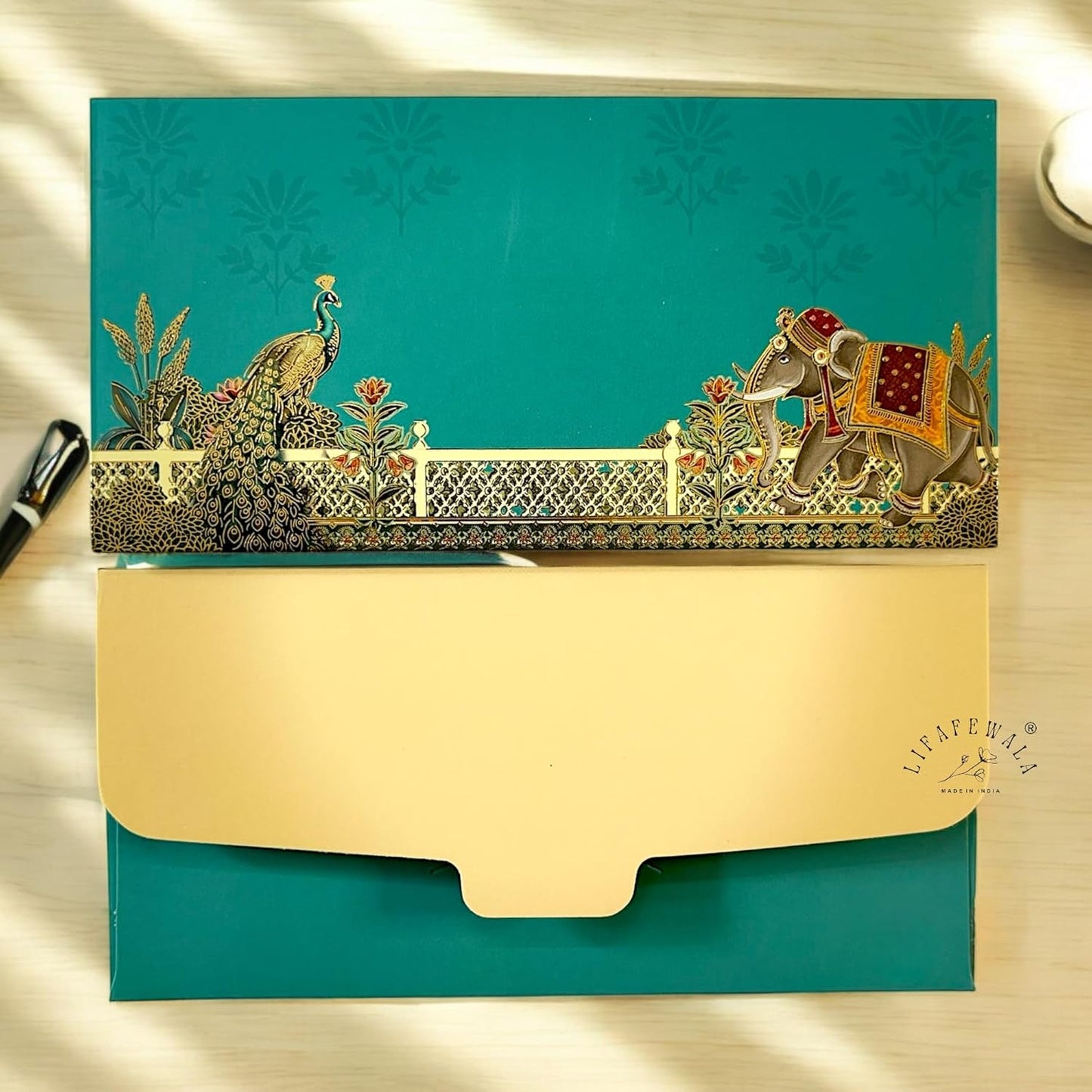 LIFAFEWALA Premium & Exclusive Peacock & Elephant design Money and Shagun Envelopes for Wedding,Birthday,Gifting |Matte Finish| |Pack of 10| (Gold Foil) (Color: Green)