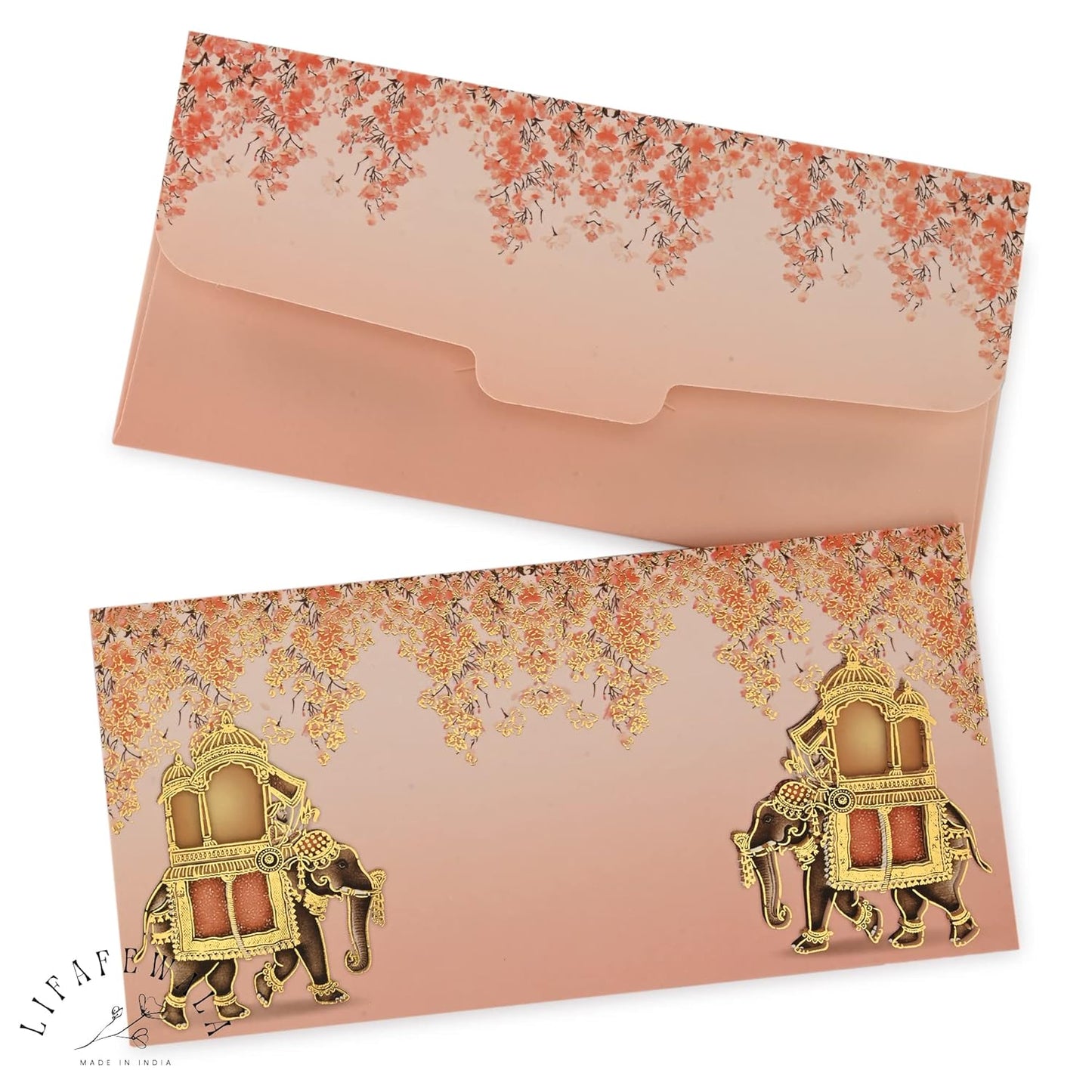 LIFAFEWALA 2 Exclusive and Luxurious Elephants & Floral Print Design Shagun Envelopes Velvet Feel | Pack of 10 | (Size : 19.5 X 9.5 CM) Baby Pink Color (V-129)