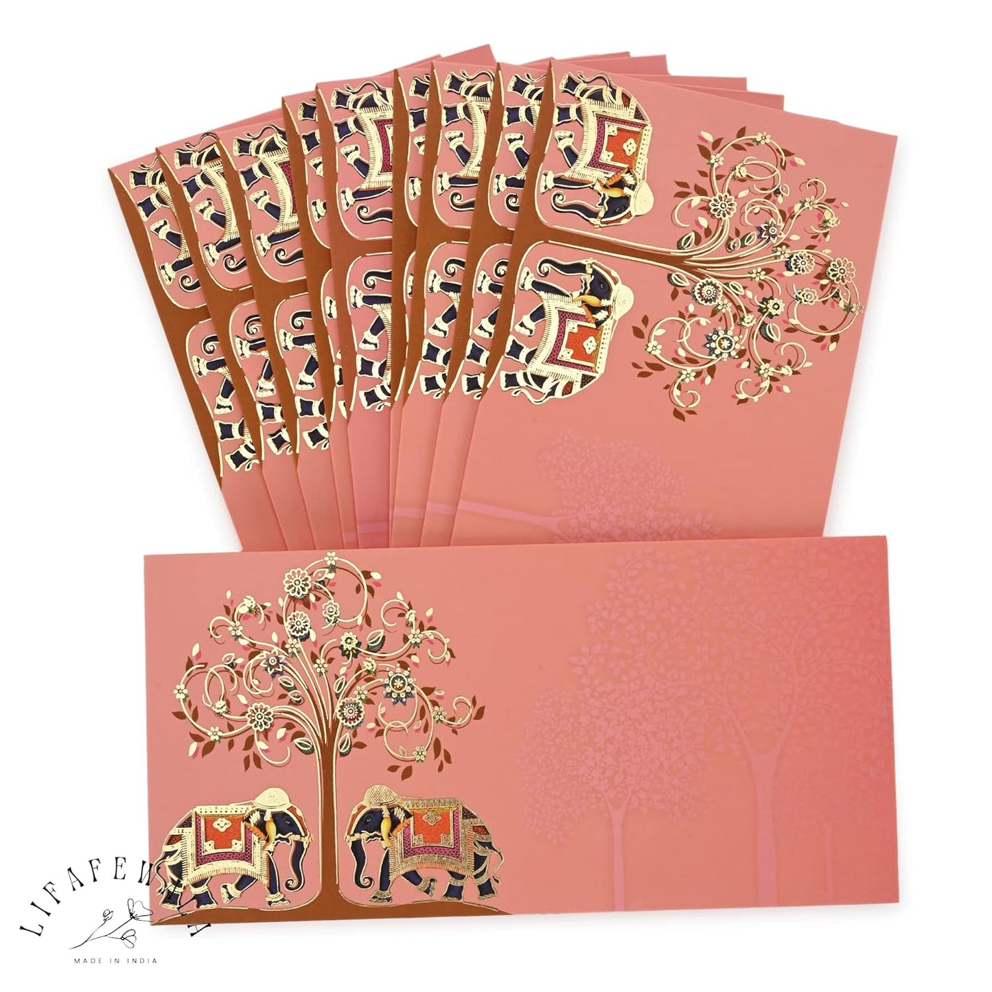 LIFAFEWALA Print Elephant Design Shagun Envelopes Velvet Feel | Pack of 10 | (Size: 19.5 X 9.5 CM) (Pink)