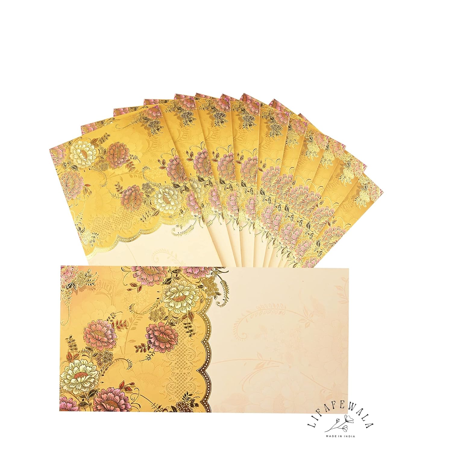 LIFAFEWALA Designer Print Small Flower Design Shagun Envelopes For Gifting, Weddings,etc | Pack of 10 | (Half Yellow)
