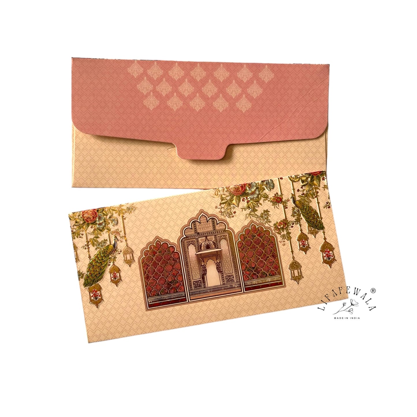 LIFAFEWALA Designer Print Small Bail And Peacock Design Shagun Envelopes For Gifting, Weddings, etc. Color- Pastel |