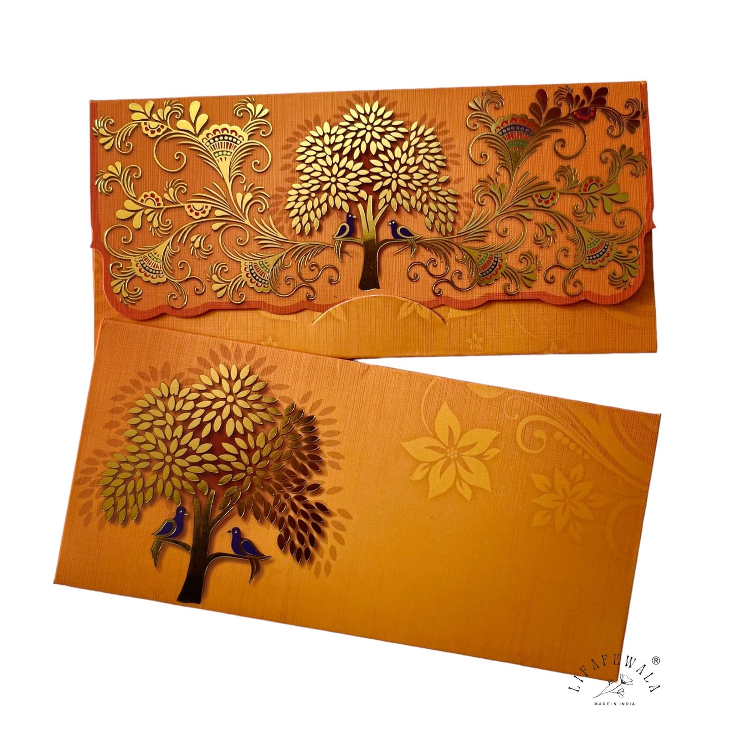 LIFAFEWALA Premium Birds on Tree Design Money and Shagun Envelopes for Wedding,Birthday,Gifting |Velvet Feel| |Pack of 10| (Orange)