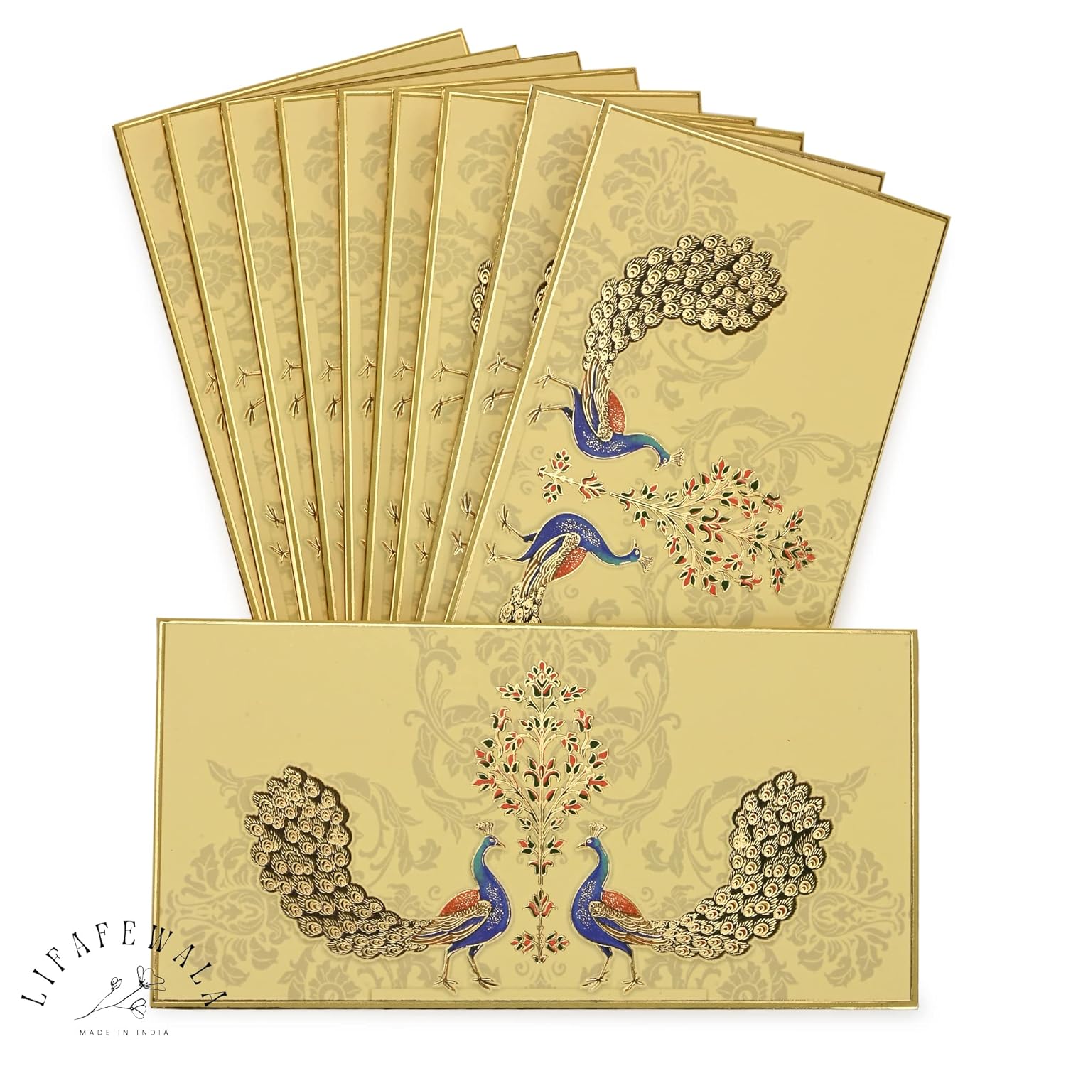 LIFAFEWALA Digital Print 2 Peacocks Design Shagun Envelopes in Matt Finish | Pack of 10 | (Size18 X 9 CM) Light Yellow Color Base (M-251)