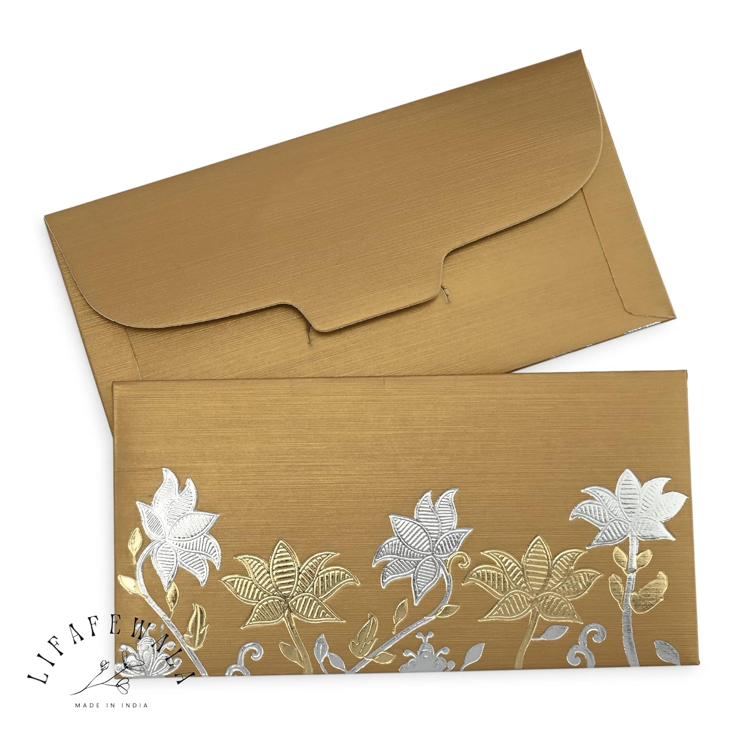 LIFAFEWALA Fancy Flower Bail Design Shagun Envelopes | Pack of 10 | ( Size :18.5 X 9.5 CM) (Gold)