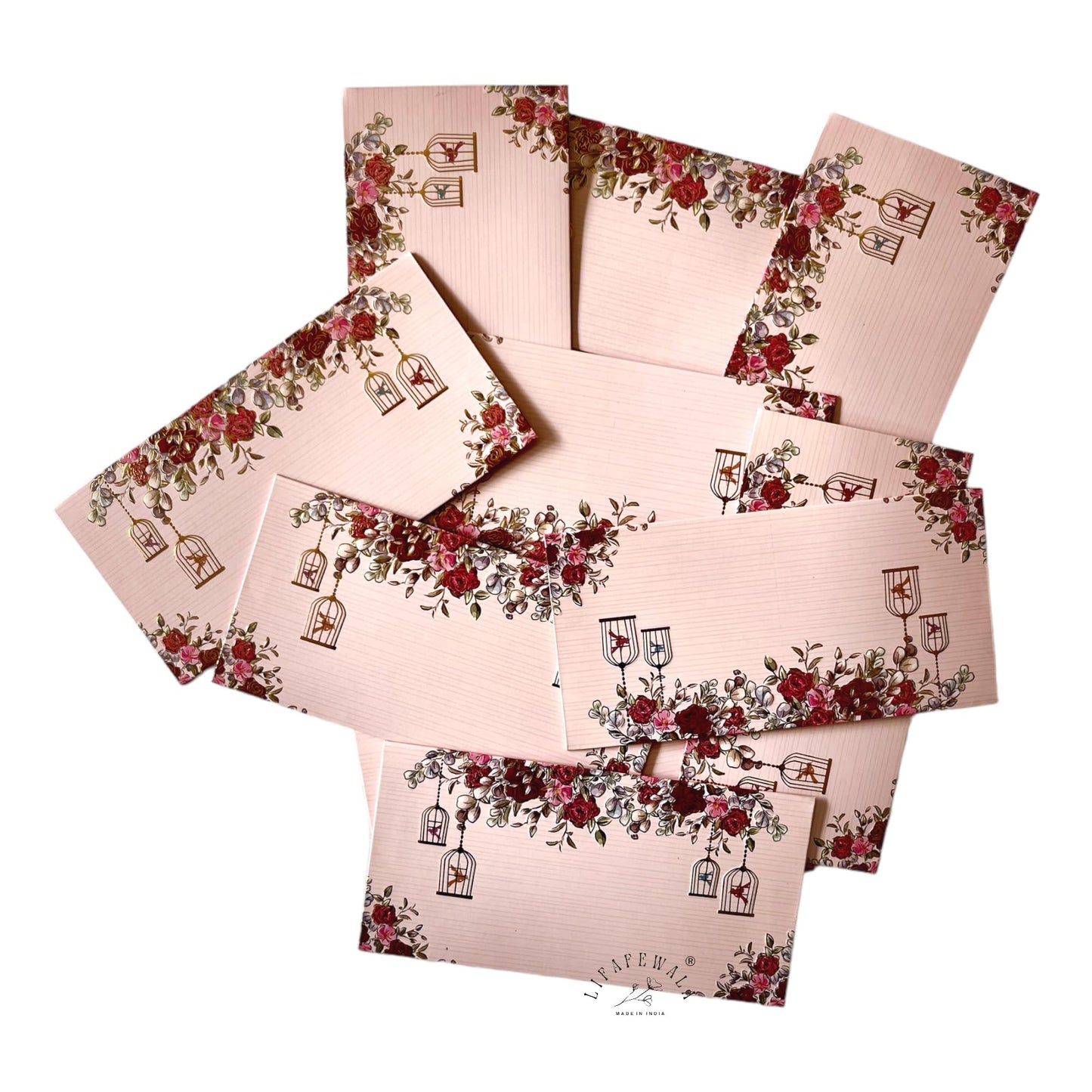 LIFAFEWALA Digital Print Small Floral and Bird Design Shagun Envelopes in Matt Finish| Pack of 10| Color: Pastel