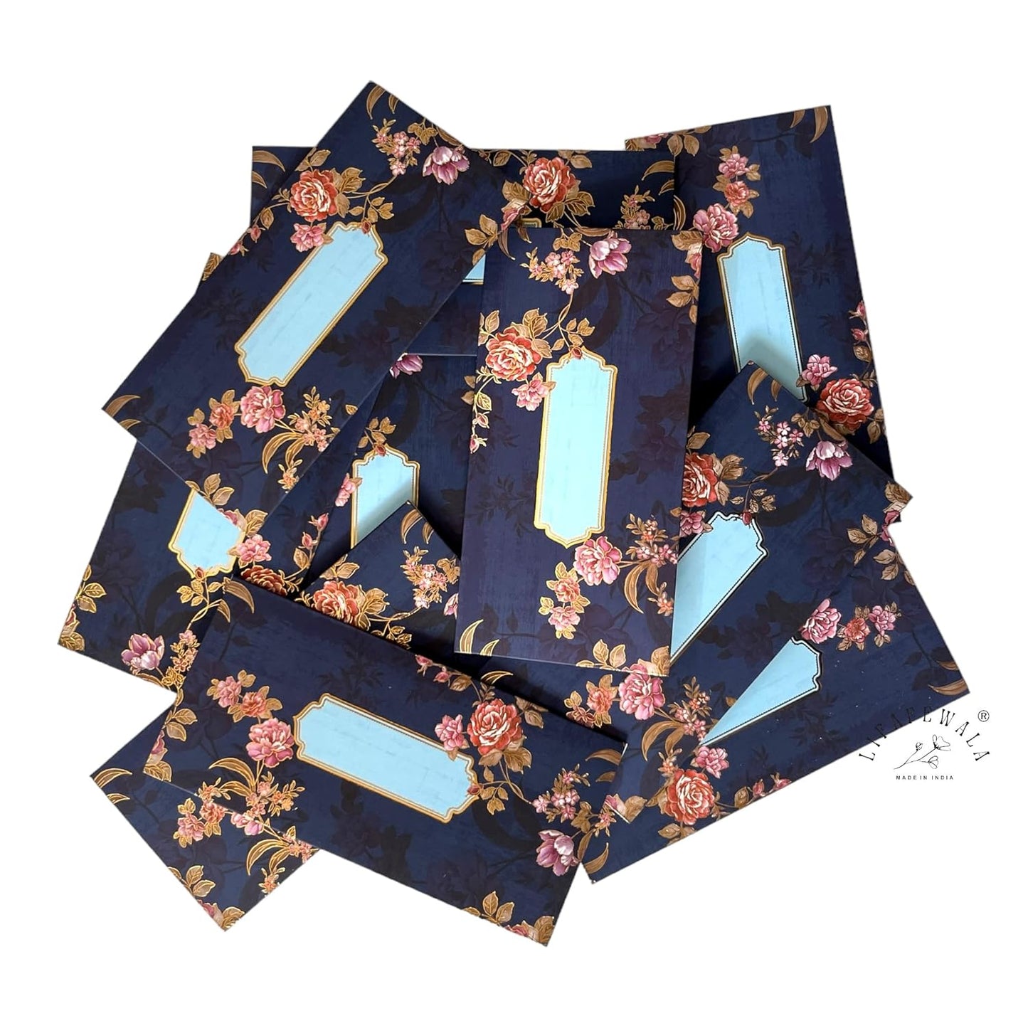 LIFAFEWALA Floral Print Small Flowers Design Shagun Envelopes in Velvet Touch with Gold Foil | Pack of 10 | Color : Blue