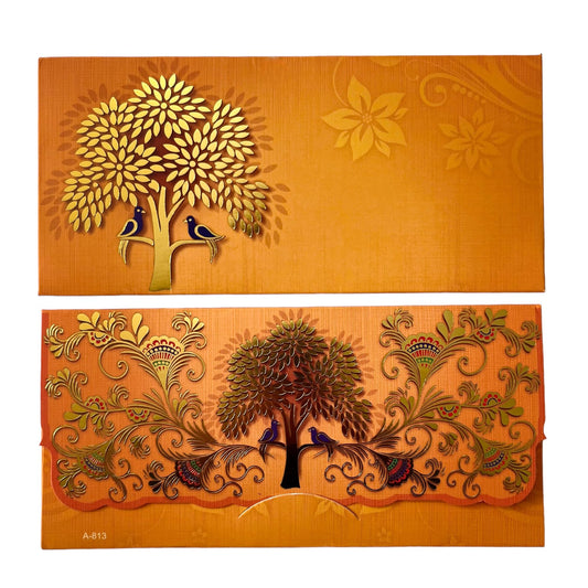 LIFAFEWALA Premium Birds on Tree Design Money and Shagun Envelopes for Wedding,Birthday,Gifting |Velvet Feel| |Pack of 10| (Orange)