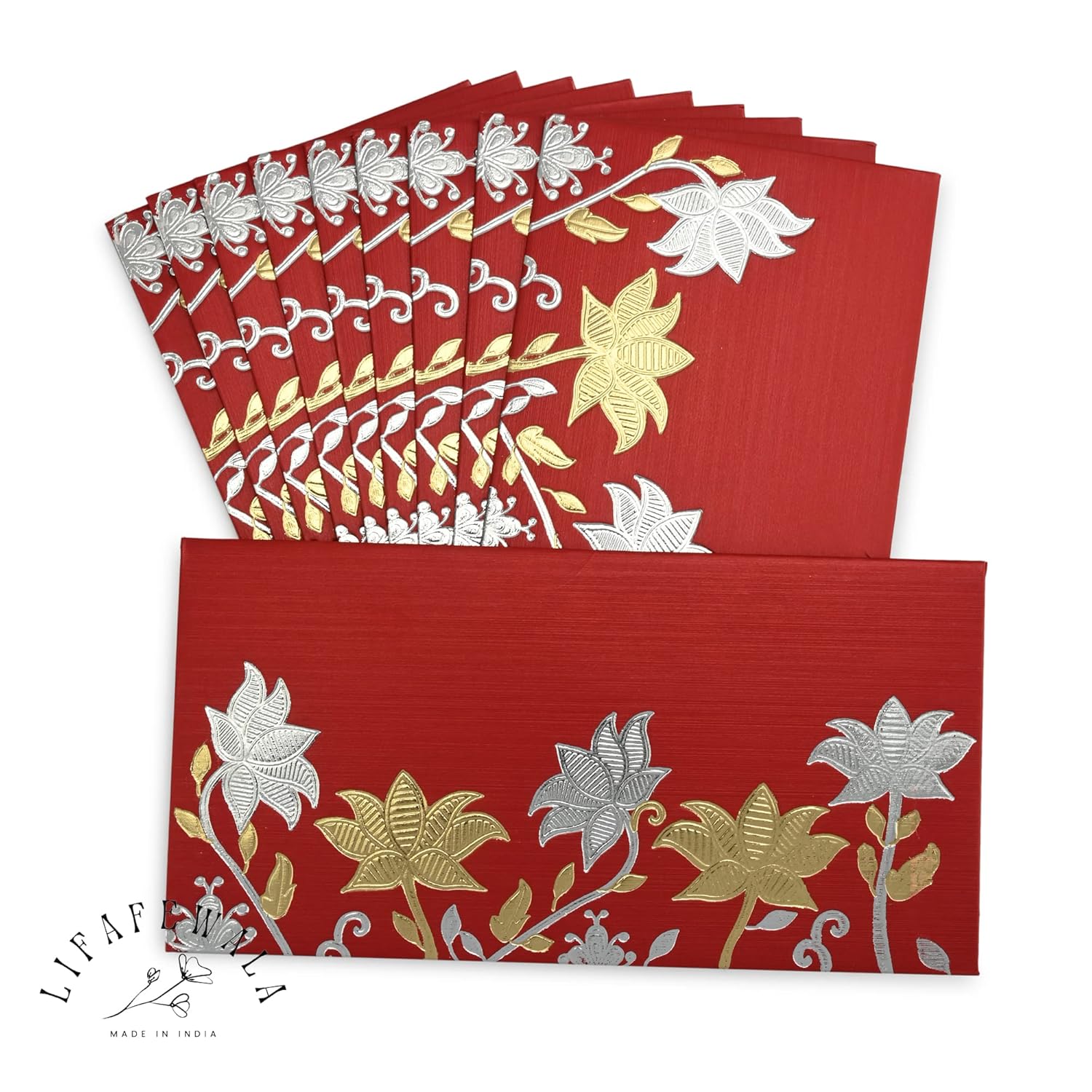 LIFAFEWALA Fancy Flower Bail Design Shagun Envelopes | Pack of 10 | (Size :18.5 X 9.5 CM) (Red)