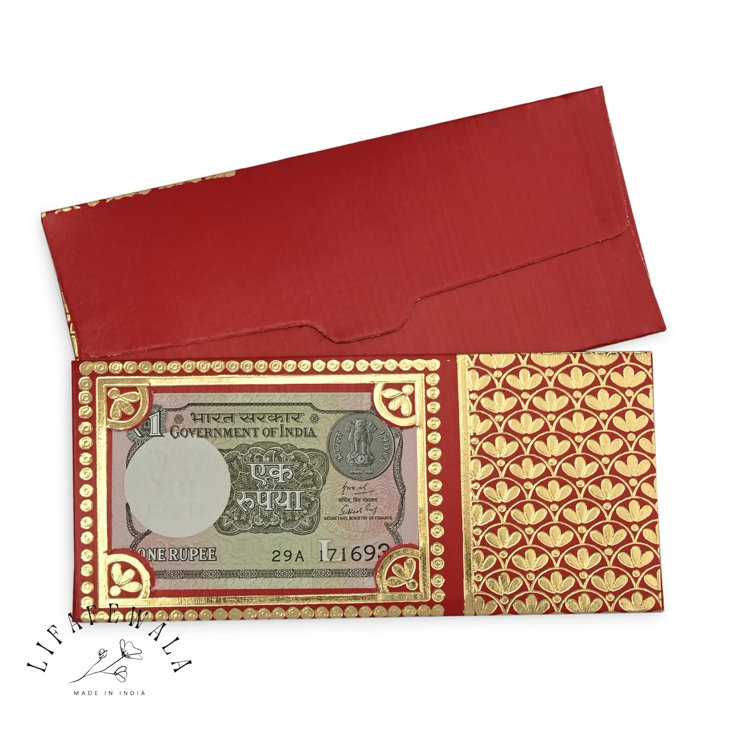LIFAFEWALA Shagun Envelope with One Rupees Note, Designers/Money/Gift Envelope/Lifafa for Festival, Marriage, Anniversary & Many Occassions (Pack of 10) (Size :19 X 9 CM) (Red)