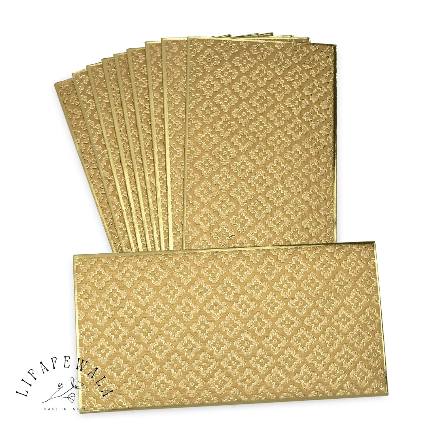 LIFAFEWALA Exclusive and Luxurious Premium Fancy Print Design Sahagun Envelopes | Pack of 10 | (Size :18.5 X 9.5 CM Approx.) (Gold)