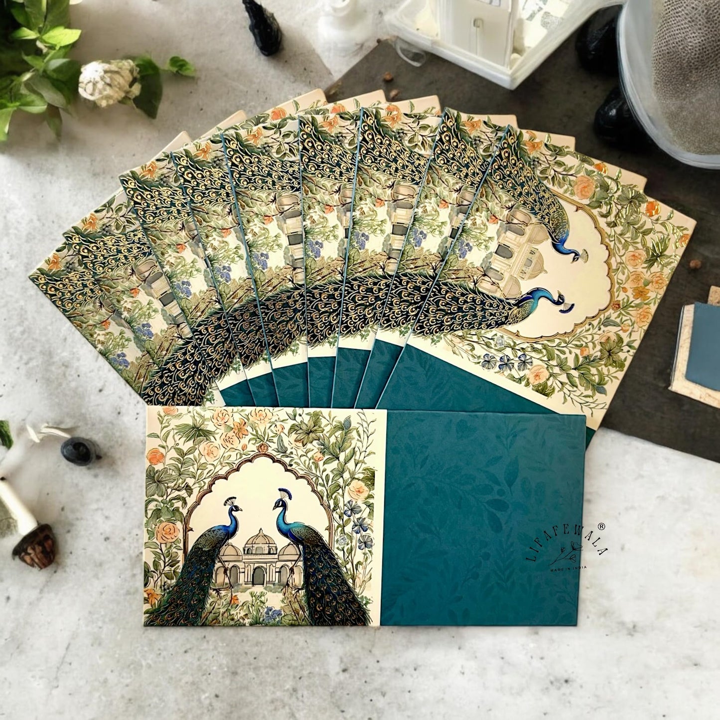 LIFAFEWALA Premium & Exclusive Double Peacock Design Money and Shagun Envelopes for Wedding,Birthday,Gifting |Matt Finish| |Pack of 10| (Gold Foil)