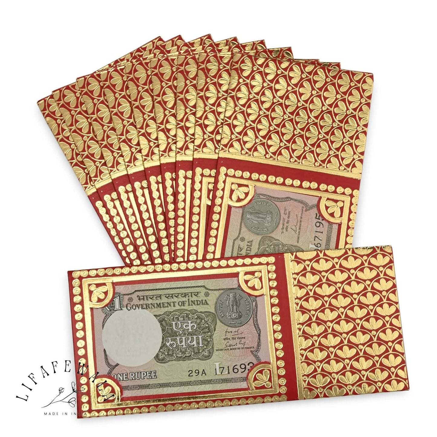 LIFAFEWALA Shagun Envelope with One Rupees Note, Designers/Money/Gift Envelope/Lifafa for Festival, Marriage, Anniversary & Many Occassions (Pack of 10) (Size :19 X 9 CM) (Red)