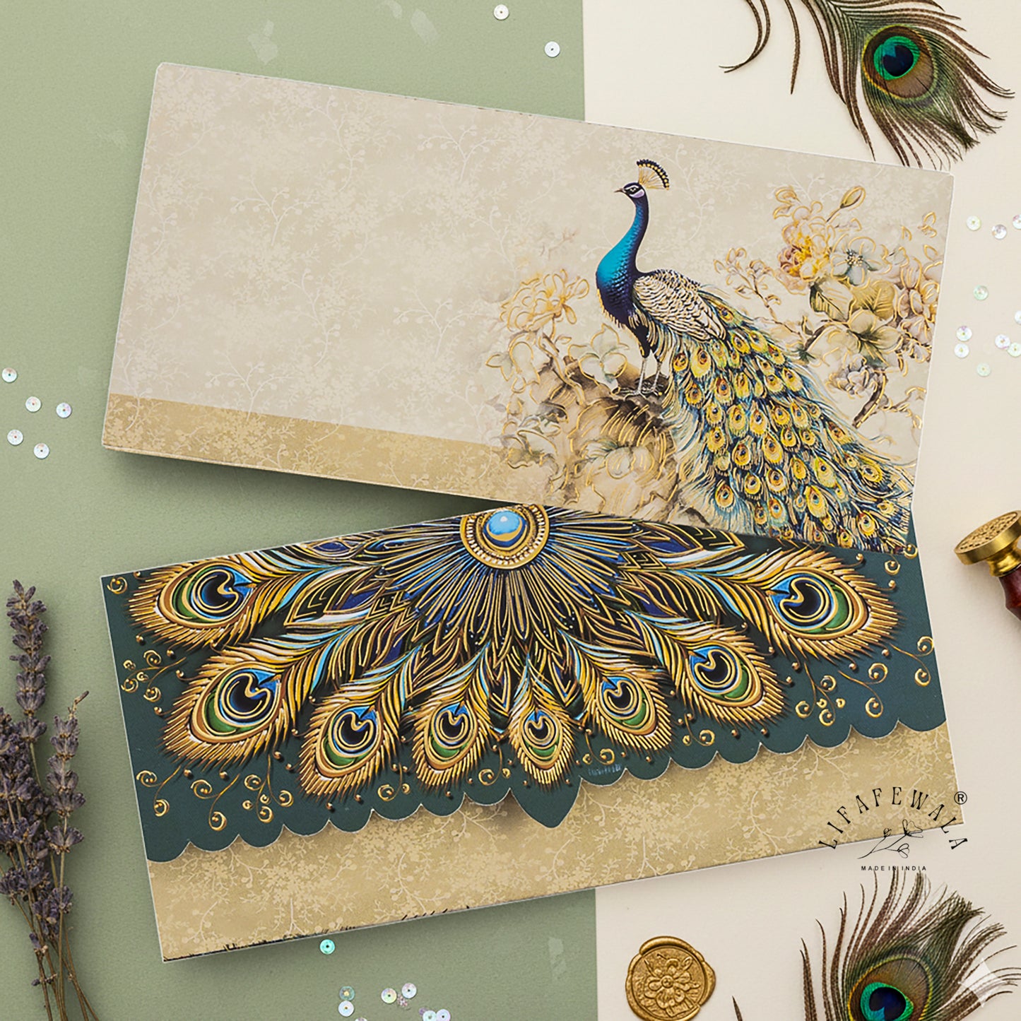 LIFAFEWALA Premium Peacock Design in Blue & Cream Color Gift Envelopes in Gold Foil for Gifting Money on Weddings, Birthdays, Celebrations, Etc (Velvet Feel) (Pack of 20-200)