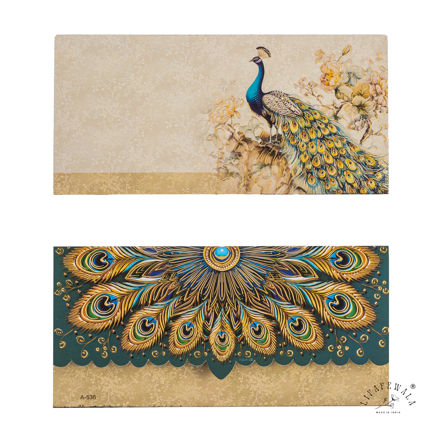 LIFAFEWALA Premium Peacock Design in Blue & Cream Color Gift Envelopes in Gold Foil for Gifting Money on Weddings, Birthdays, Celebrations, Etc (Velvet Feel) (Pack of 20-200)