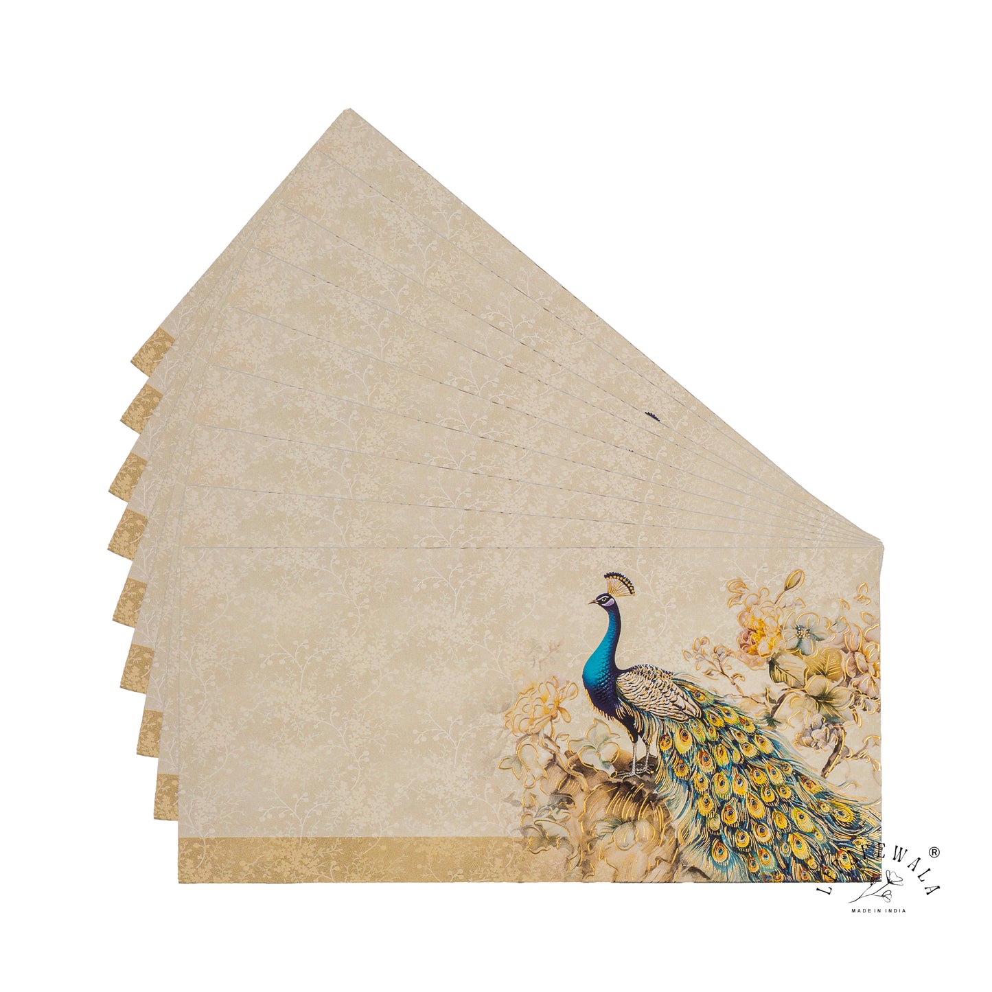 LIFAFEWALA Premium Peacock Design in Blue & Cream Color Gift Envelopes in Gold Foil for Gifting Money on Weddings, Birthdays, Celebrations, Etc (Velvet Feel) (Pack of 20-200)
