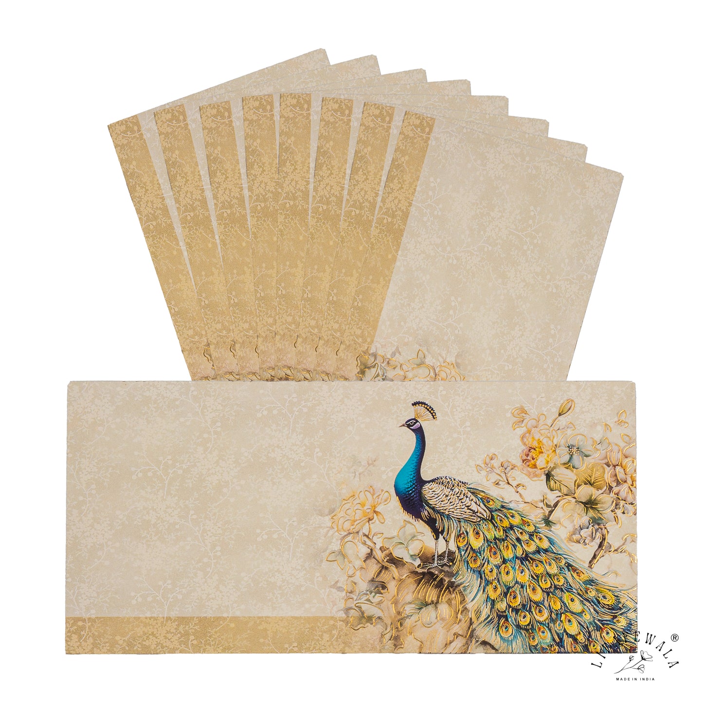 LIFAFEWALA Premium Peacock Design in Blue & Cream Color Gift Envelopes in Gold Foil for Gifting Money on Weddings, Birthdays, Celebrations, Etc (Velvet Feel) (Pack of 20-200)