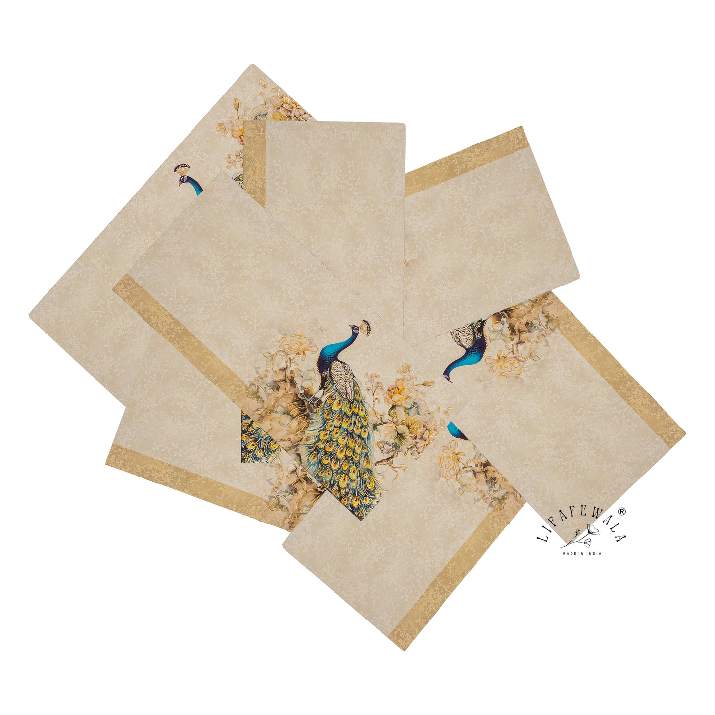 LIFAFEWALA Premium Peacock Design in Blue & Cream Color Gift Envelopes in Gold Foil for Gifting Money on Weddings, Birthdays, Celebrations, Etc (Velvet Feel) (Pack of 20-200)