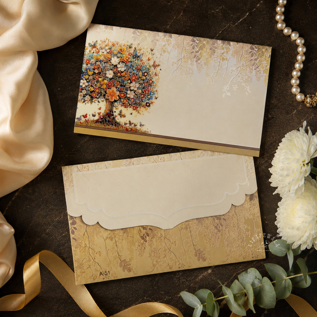 Blossom Tree of Life & Butterflies Pocket Shagun Envelopes | LIFAFEWALA (Velvet+UV Gold Foil, Pocket Size 5.3 × 3.2 in, Pack of 20–200)