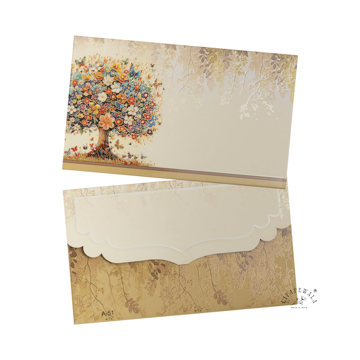 Blossom Tree of Life & Butterflies Pocket Shagun Envelopes | LIFAFEWALA (Velvet+UV Gold Foil, Pocket Size 5.3 × 3.2 in, Pack of 20–200)