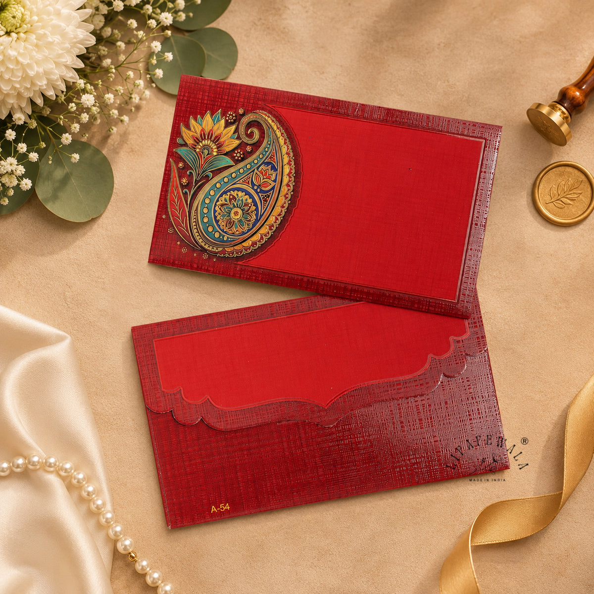 Red Paisley Lotus Pocket Shagun Envelopes | LIFAFEWALA (Velvet+UV Gold Foil, Pocket Size 5.3 × 3.2 in, Pack of 20–200)