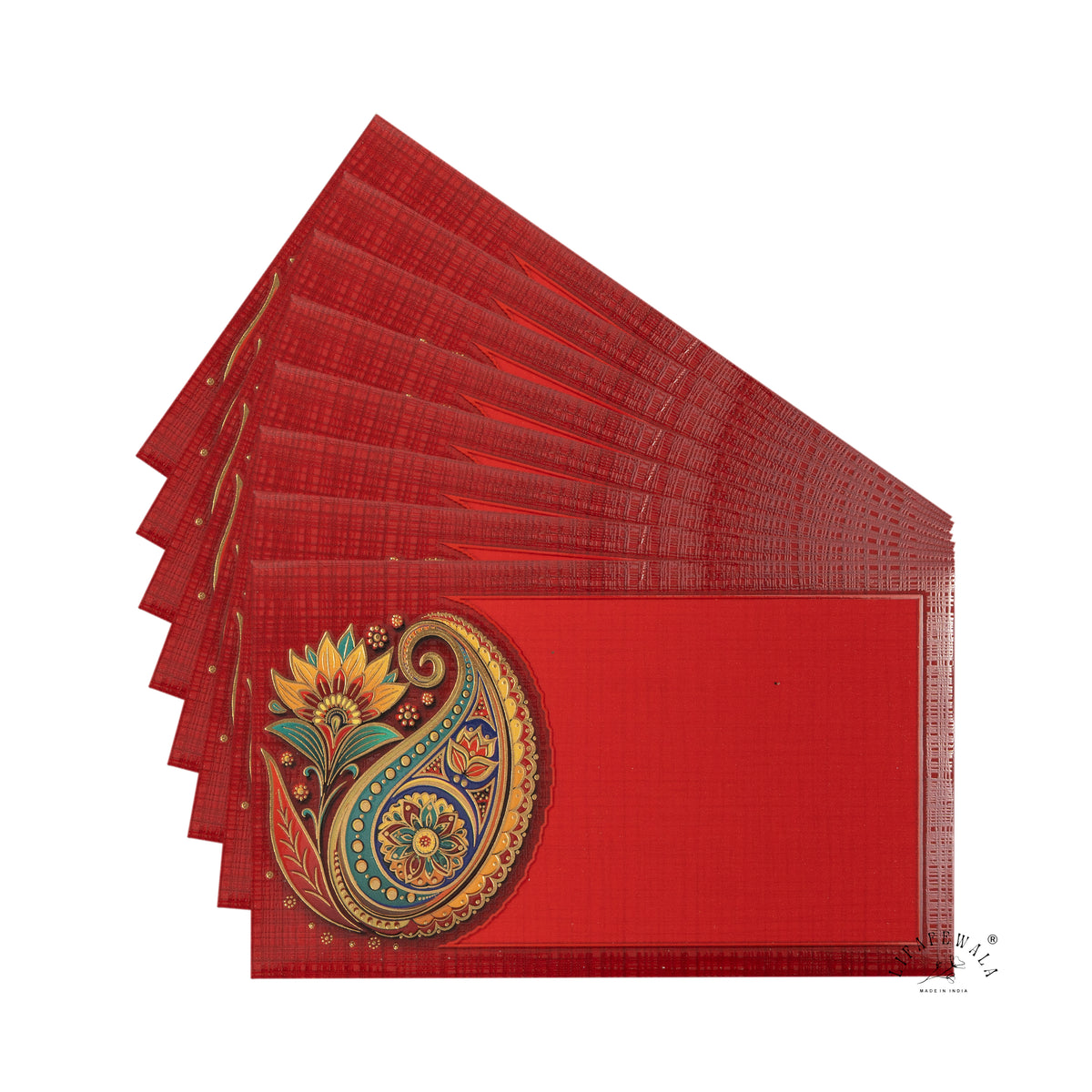 Red Paisley Lotus Pocket Shagun Envelopes | LIFAFEWALA (Velvet+UV Gold Foil, Pocket Size 5.3 × 3.2 in, Pack of 20–200)