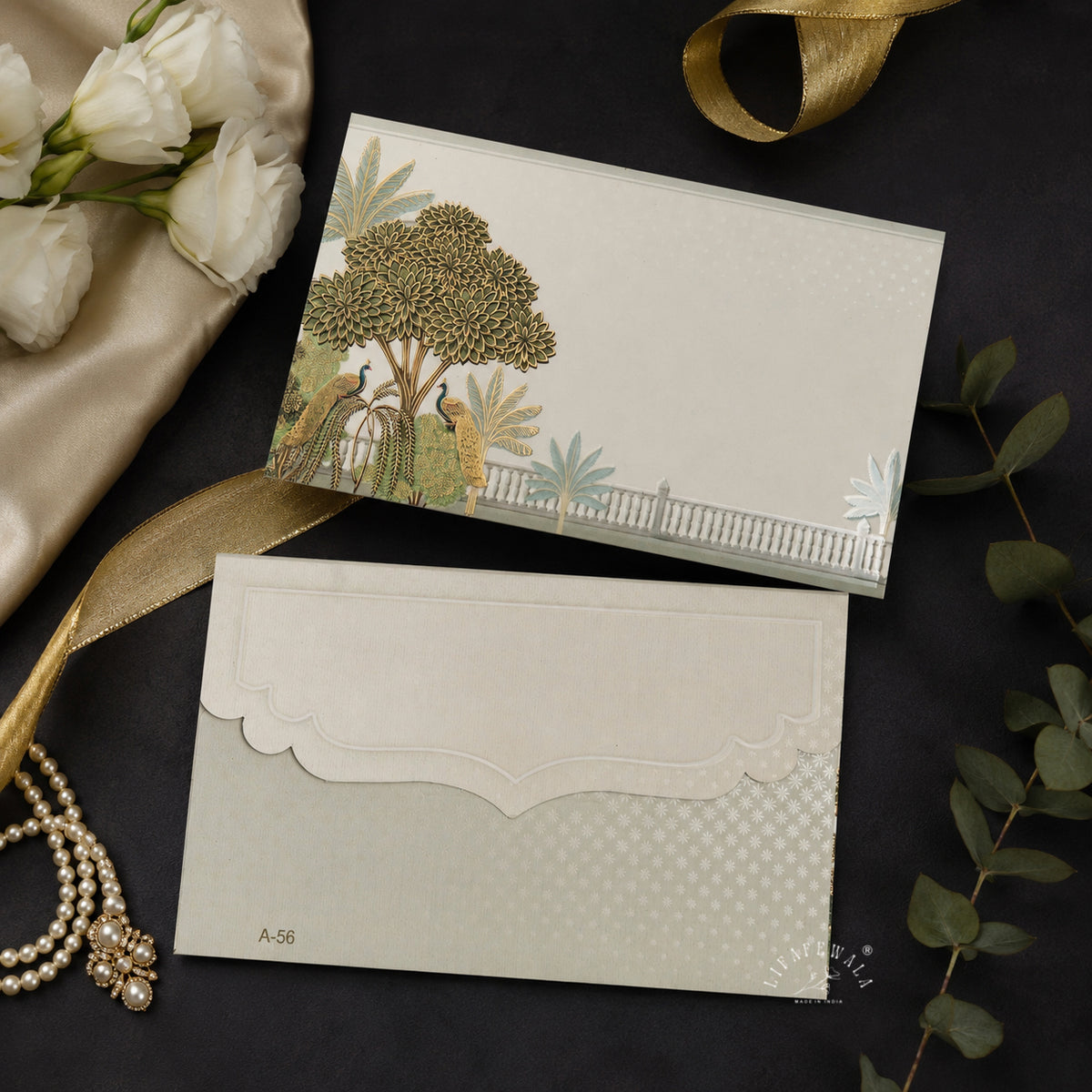 Sage Peacock Garden Terrace Pocket Shagun Envelopes | LIFAFEWALA (Velvet+UV Gold Foil, Pocket Size 5.3 × 3.2 in, Pack of 20–200)