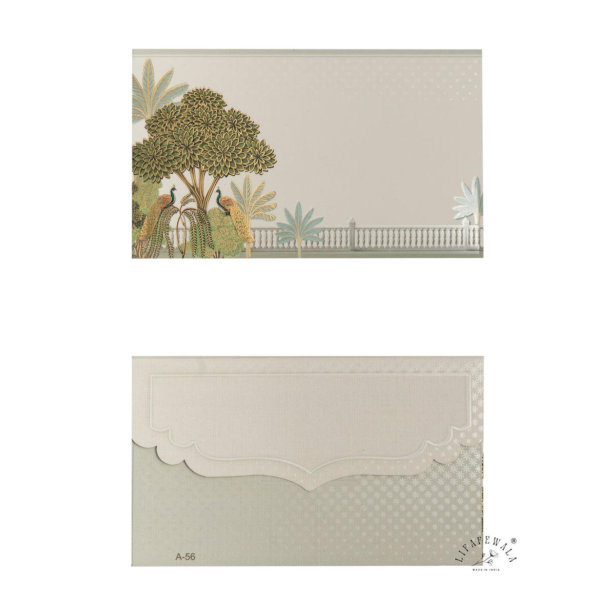 Sage Peacock Garden Terrace Pocket Shagun Envelopes | LIFAFEWALA (Velvet+UV Gold Foil, Pocket Size 5.3 × 3.2 in, Pack of 20–200)
