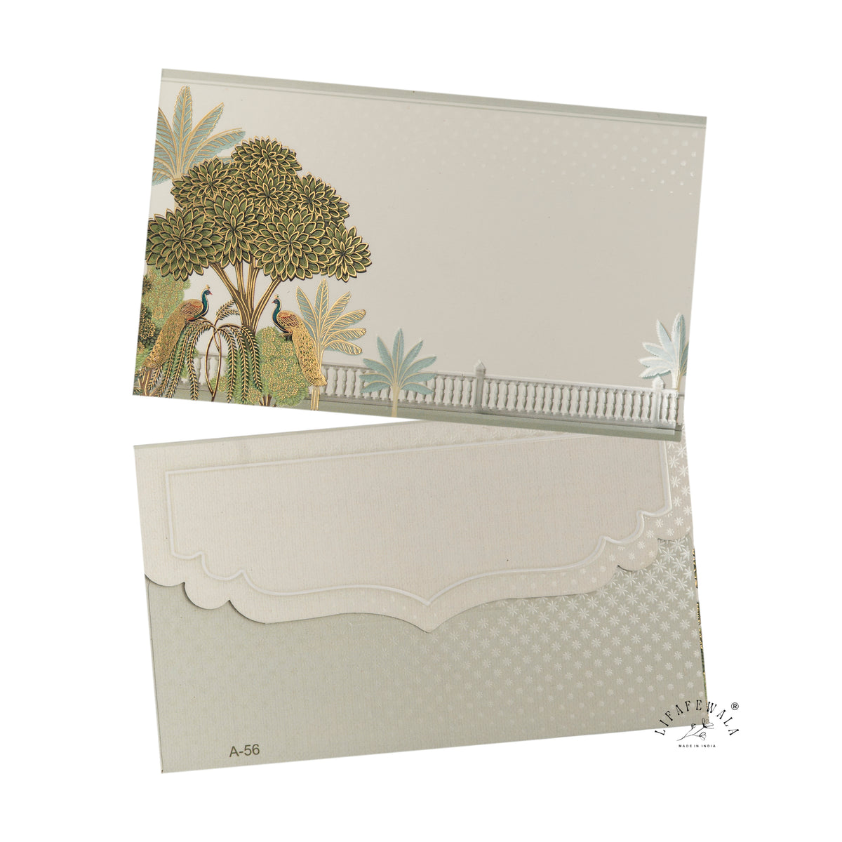 Sage Peacock Garden Terrace Pocket Shagun Envelopes | LIFAFEWALA (Velvet+UV Gold Foil, Pocket Size 5.3 × 3.2 in, Pack of 20–200)