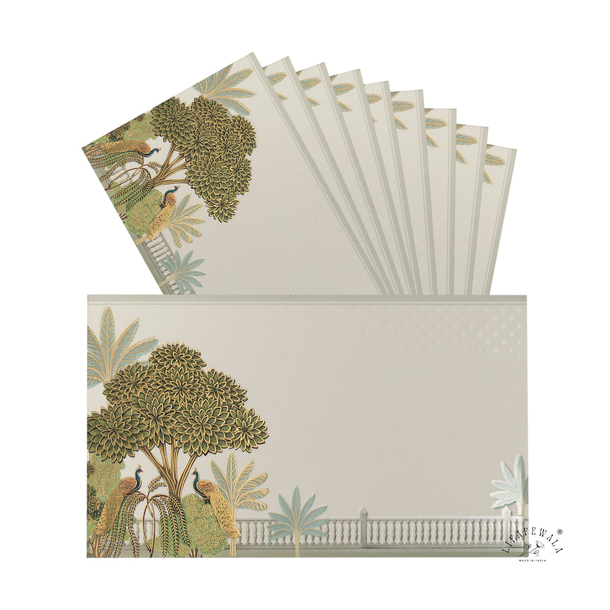 Sage Peacock Garden Terrace Pocket Shagun Envelopes | LIFAFEWALA (Velvet+UV Gold Foil, Pocket Size 5.3 × 3.2 in, Pack of 20–200)