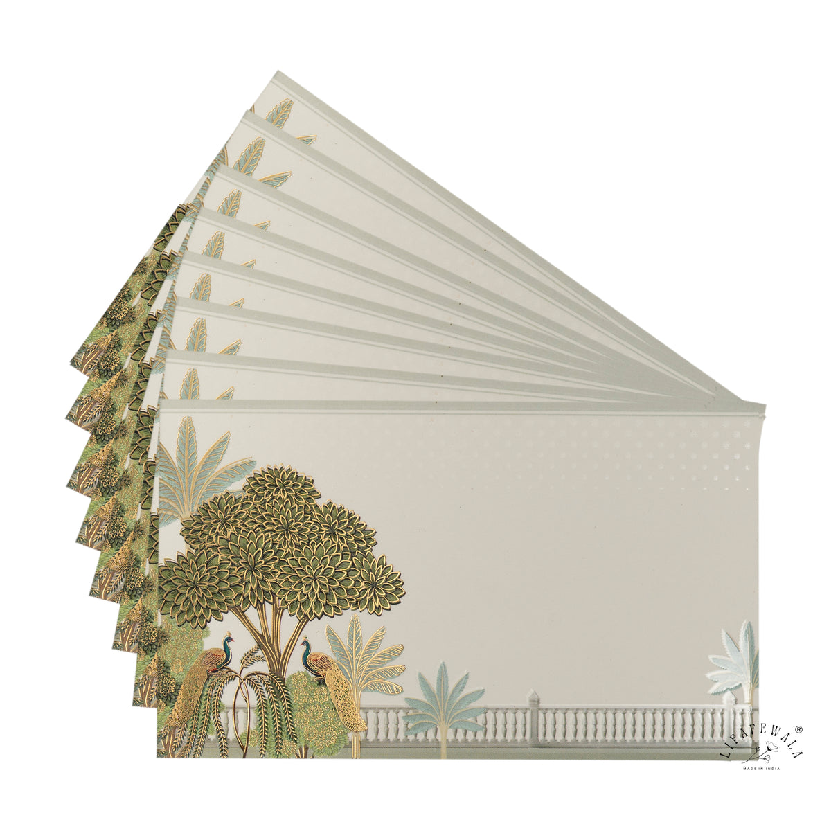 Sage Peacock Garden Terrace Pocket Shagun Envelopes | LIFAFEWALA (Velvet+UV Gold Foil, Pocket Size 5.3 × 3.2 in, Pack of 20–200)