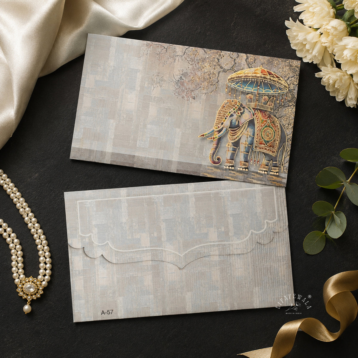 Grey Royal Elephant Chhatri Pocket Shagun Envelopes | LIFAFEWALA (Velvet+UV Gold Foil, Pocket Size 5.3 × 3.2 in, Pack of 20–200)