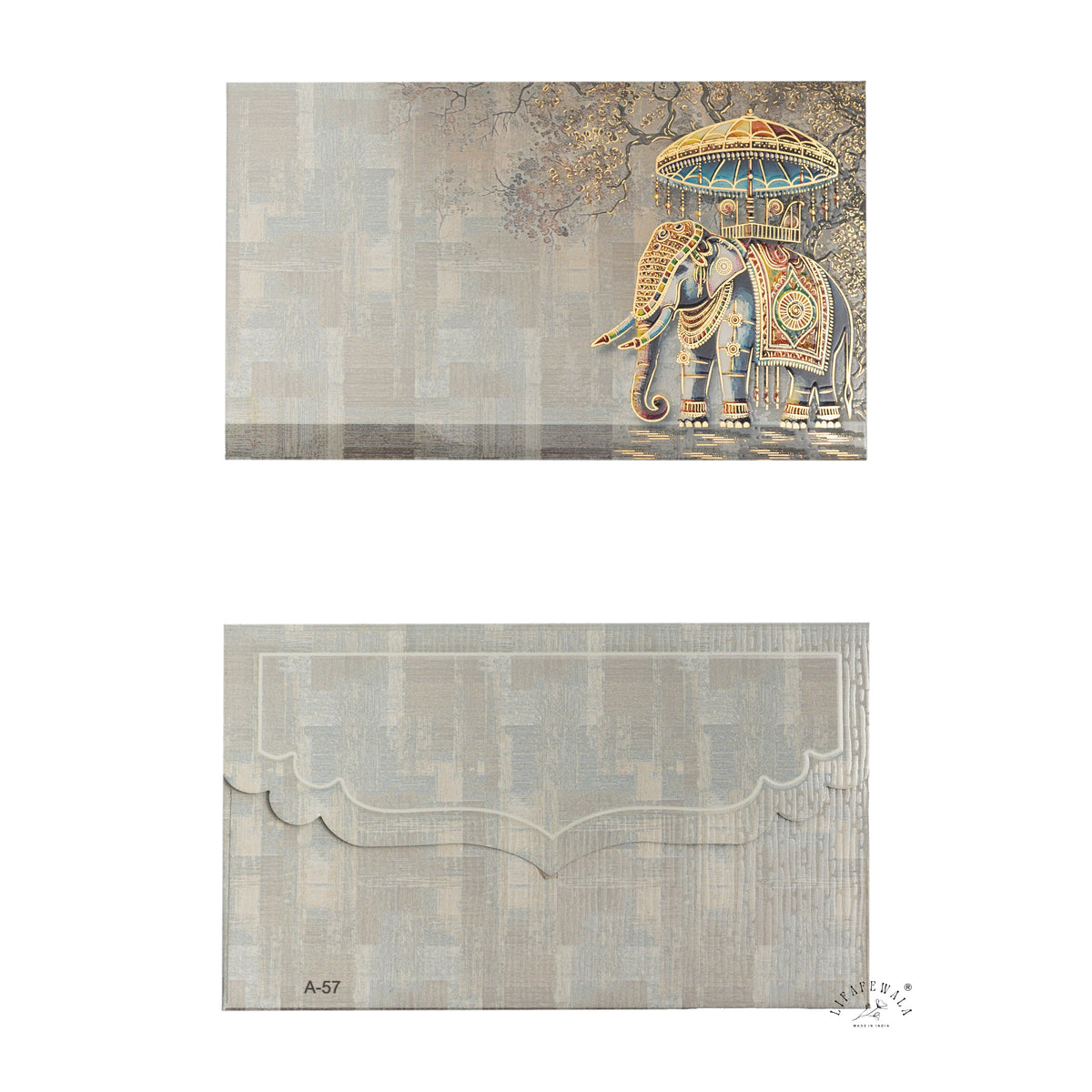 Grey Royal Elephant Chhatri Pocket Shagun Envelopes | LIFAFEWALA (Velvet+UV Gold Foil, Pocket Size 5.3 × 3.2 in, Pack of 20–200)