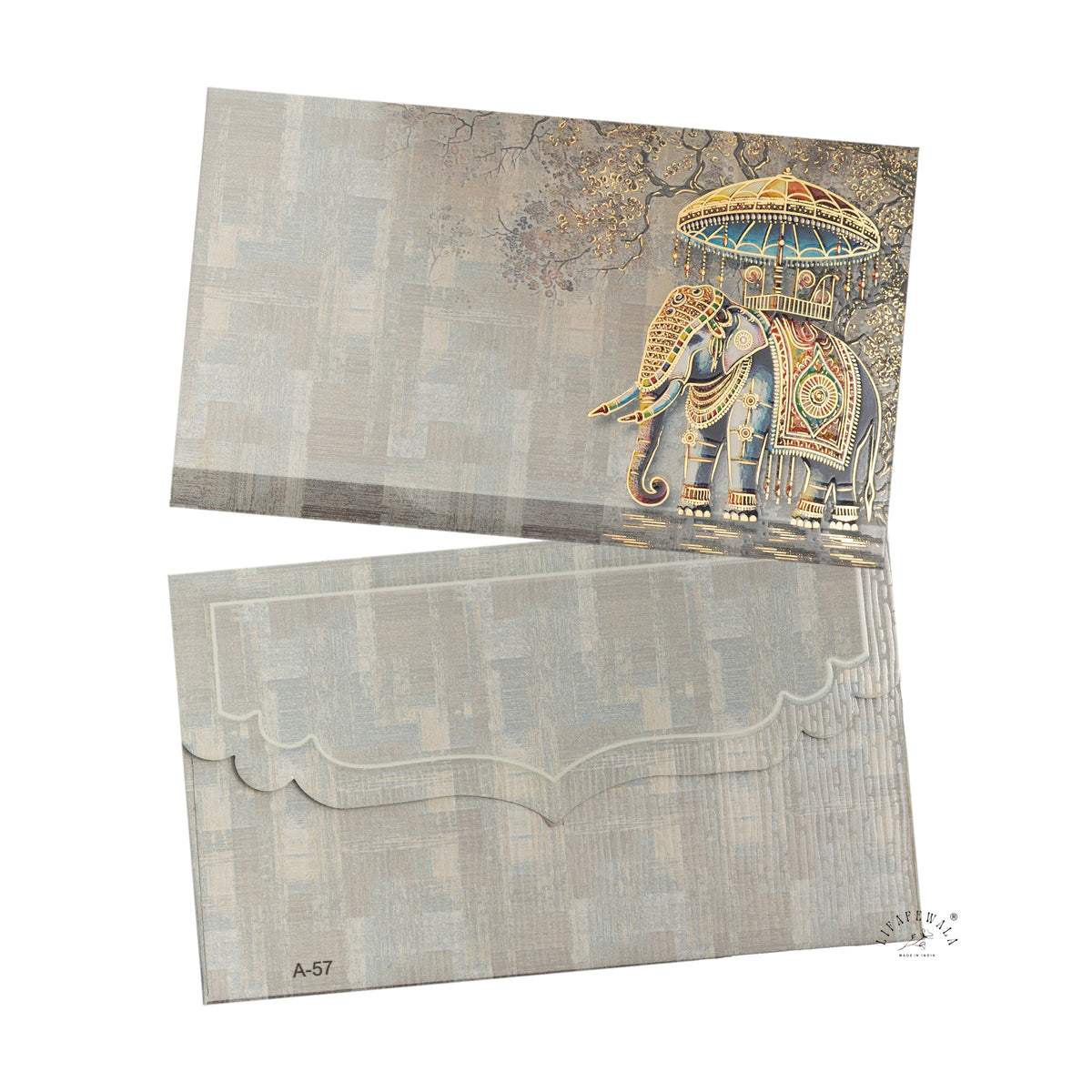 Grey Royal Elephant Chhatri Pocket Shagun Envelopes | LIFAFEWALA (Velvet+UV Gold Foil, Pocket Size 5.3 × 3.2 in, Pack of 20–200)