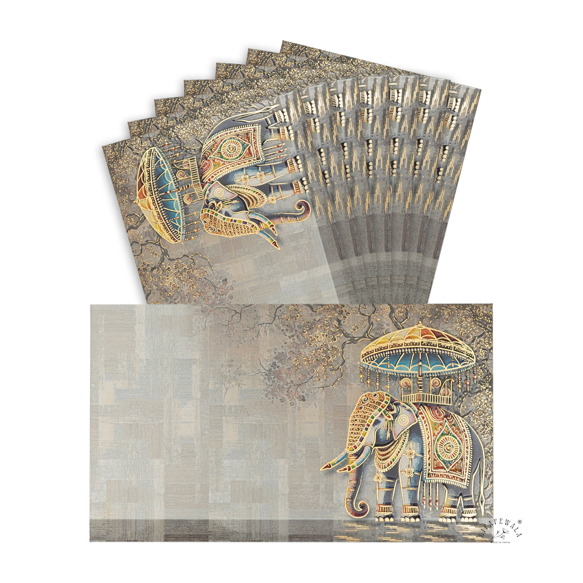 Grey Royal Elephant Chhatri Pocket Shagun Envelopes | LIFAFEWALA (Velvet+UV Gold Foil, Pocket Size 5.3 × 3.2 in, Pack of 20–200)
