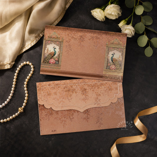 Taupe Peacock Jharokha Pocket Shagun Envelopes | LIFAFEWALA (Velvet+UV Gold Foil, Pocket Size 5.3 × 3.2 in, Pack of 20–200)