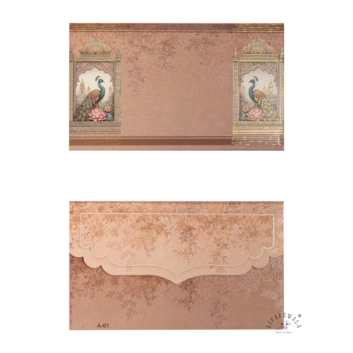 Taupe Peacock Jharokha Pocket Shagun Envelopes | LIFAFEWALA (Velvet+UV Gold Foil, Pocket Size 5.3 × 3.2 in, Pack of 20–200)