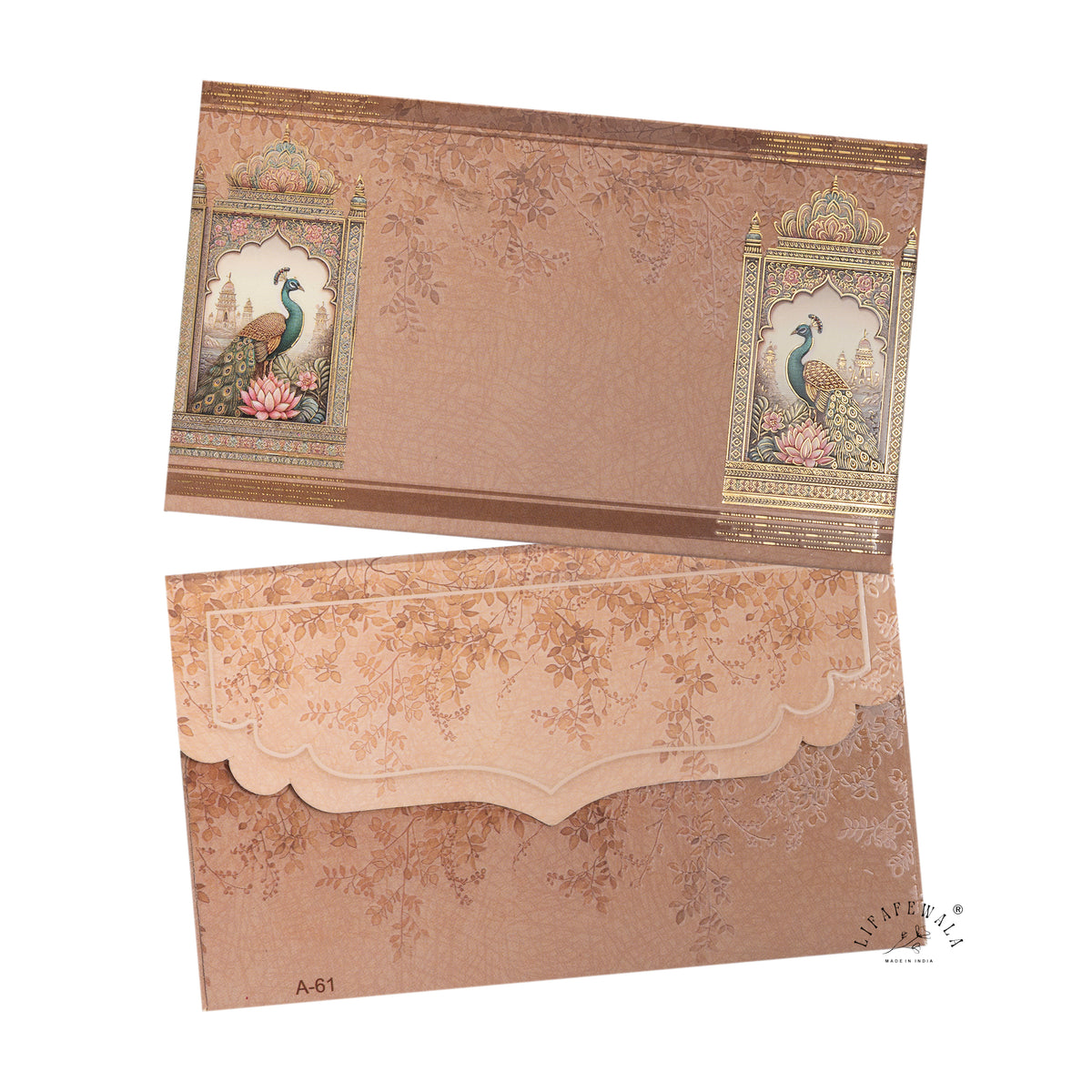 Taupe Peacock Jharokha Pocket Shagun Envelopes | LIFAFEWALA (Velvet+UV Gold Foil, Pocket Size 5.3 × 3.2 in, Pack of 20–200)