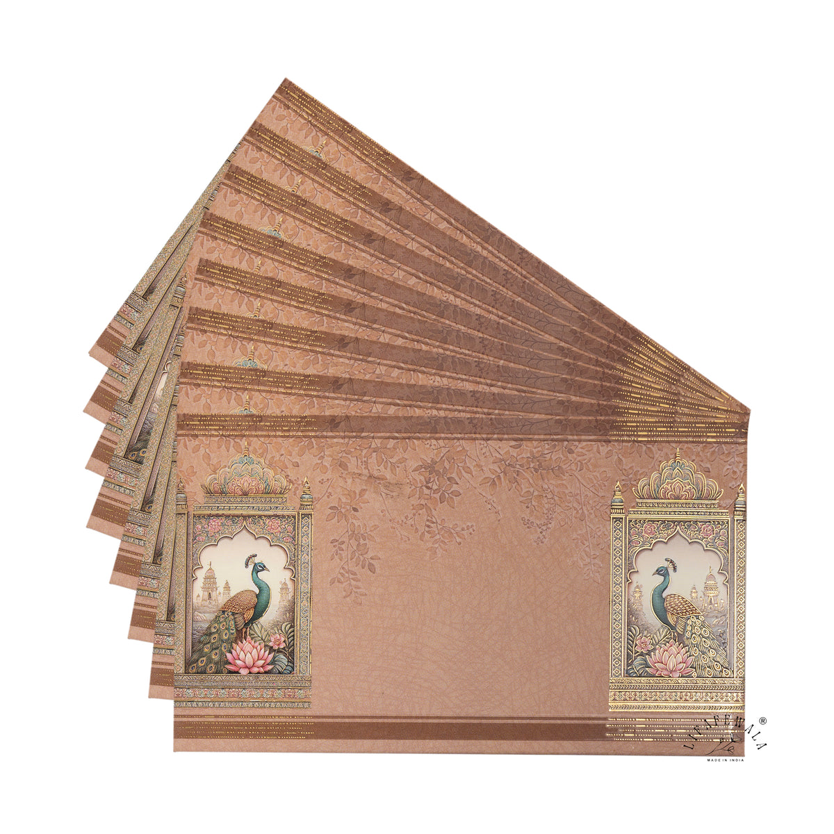Taupe Peacock Jharokha Pocket Shagun Envelopes | LIFAFEWALA (Velvet+UV Gold Foil, Pocket Size 5.3 × 3.2 in, Pack of 20–200)