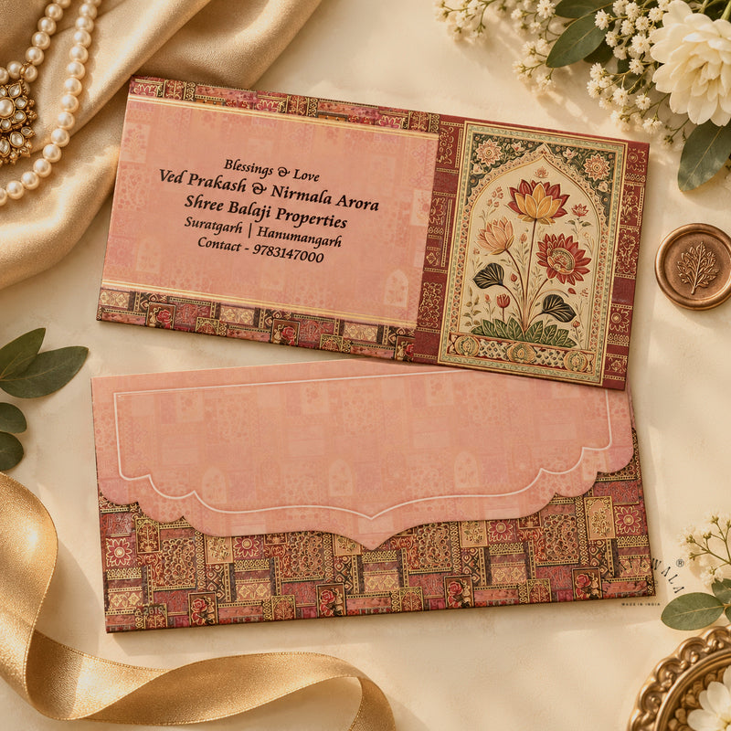 Blush Mughal Lotus Panel Velvet shagun envelope with personalised name printing – sample by LIFAFEWALA