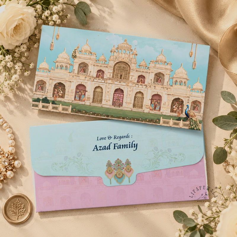 Aqua Lilac Palace Façade shagun envelope with personalised name printing – sample by LIFAFEWALA