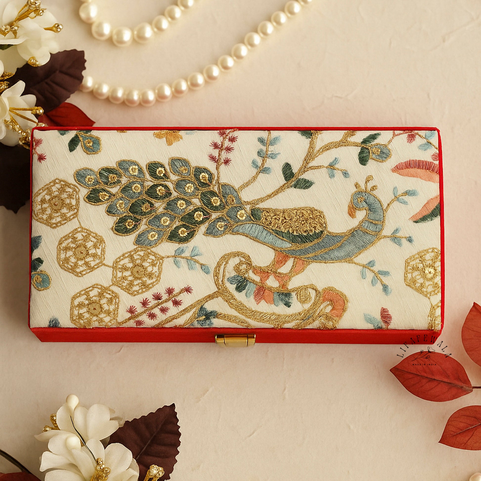 LIFAFEWALA Embroidered Peacock Design Shagun Box with Fur Inside