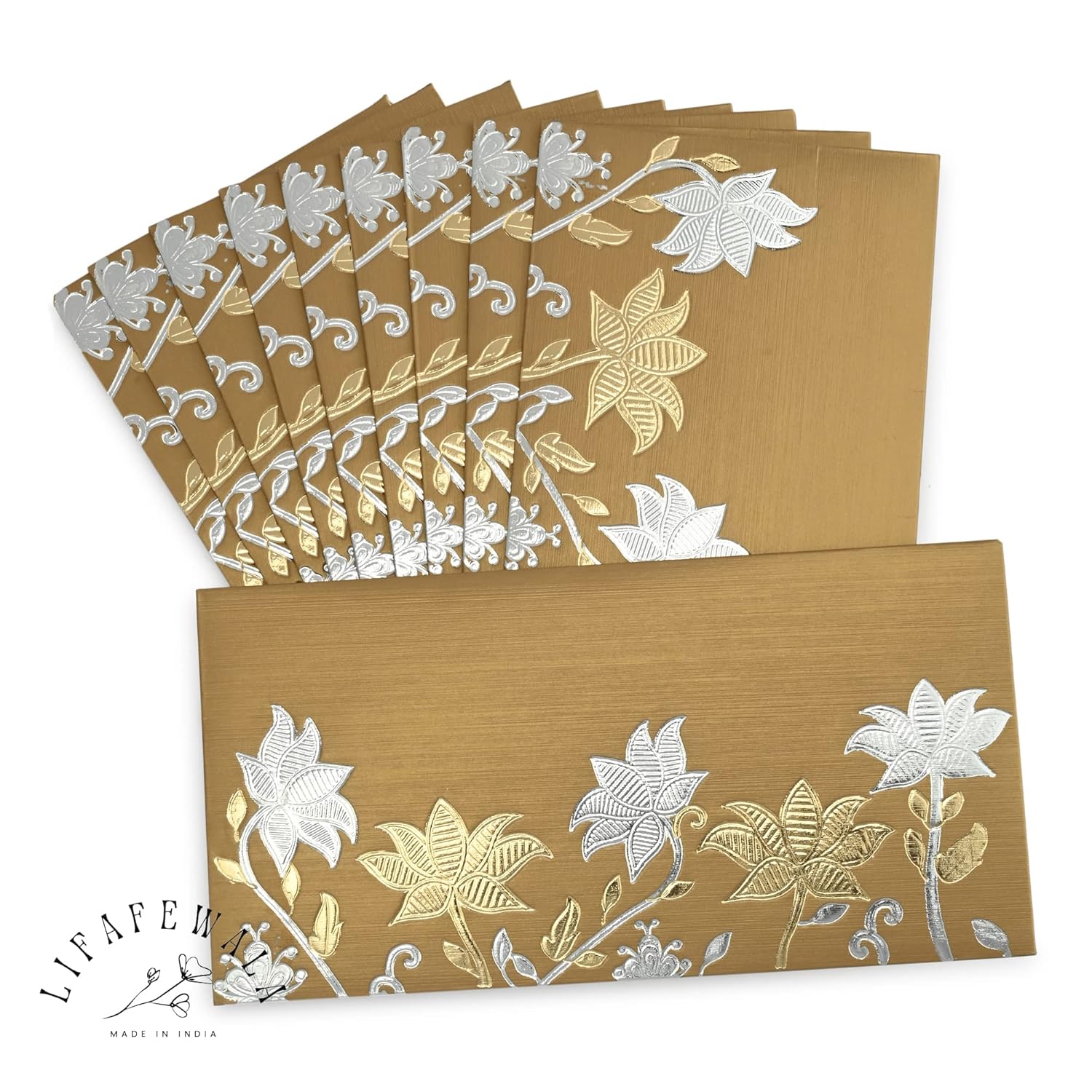 Fancy Gold Shagun Envelopes with Flower Bail Design – Pack of 10
