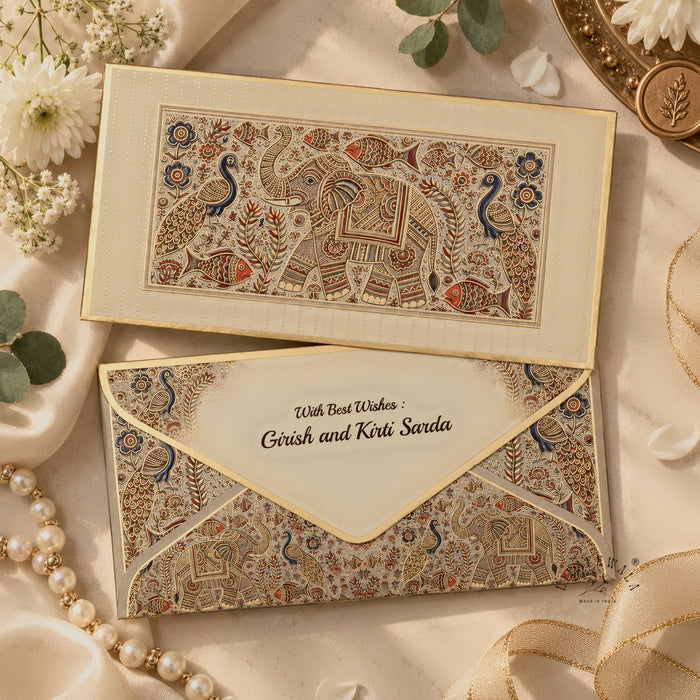 Madhubani Elephant & Peacock Premium shagun envelope with personalised name printing – sample by LIFAFEWALA