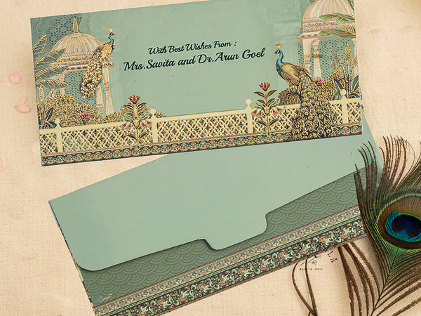 Green Peacock & Orchard Velvet Shagun Envelopes | LIFAFEWALA (Velvet Feel Gold Foil, Pack of 20–200)