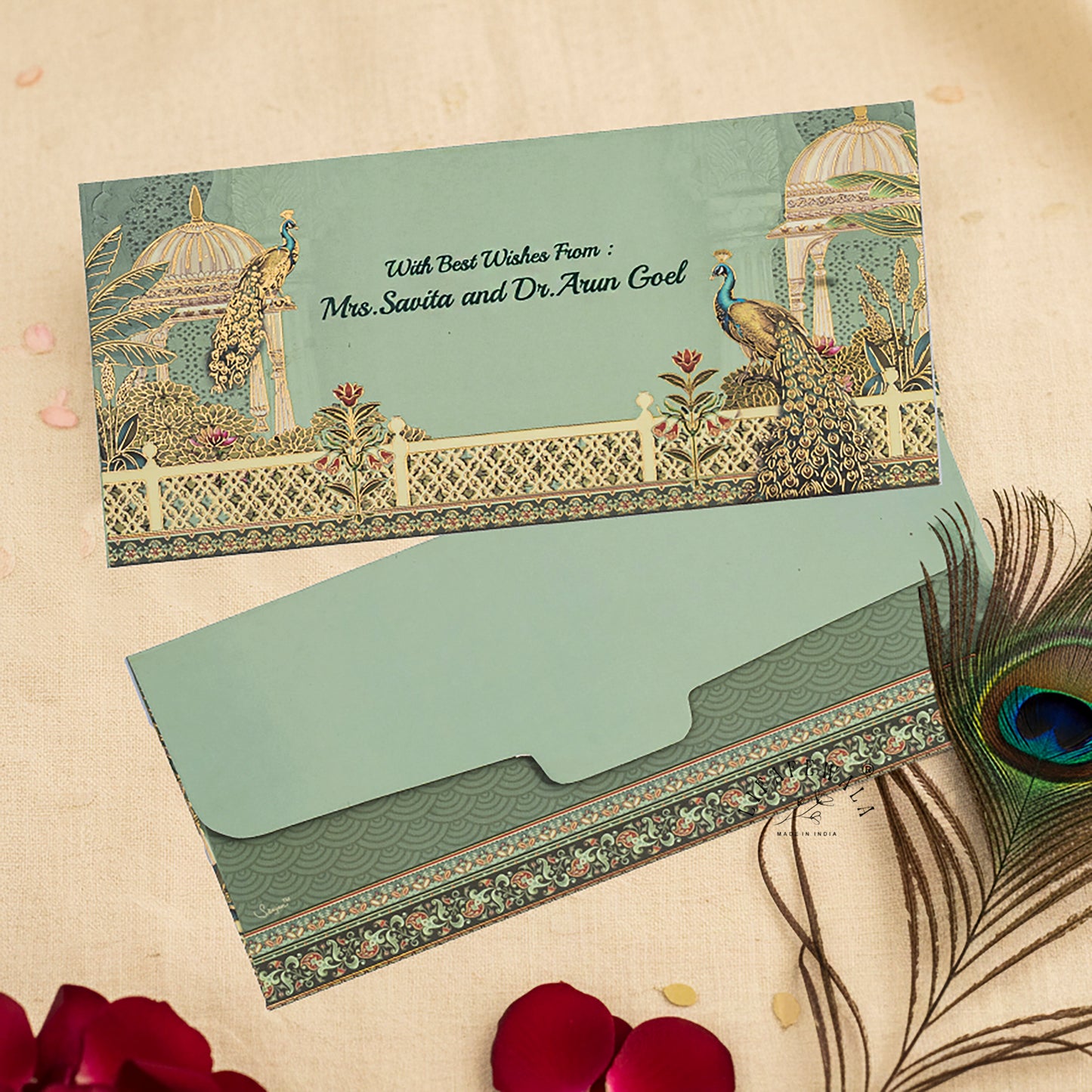 LIFAFEWALA Premium Green Peacock & Orchard Design Gift Envelopes in Gold Foil for Gifting Money on Weddings, Birthdays, Celebrations, Etc (Velvet Feel) (Pack of 20-200)