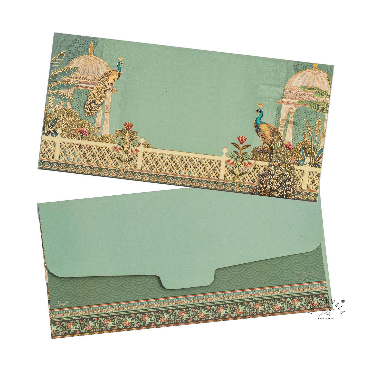 LIFAFEWALA Premium Green Peacock & Orchard Design Gift Envelopes in Gold Foil for Gifting Money on Weddings, Birthdays, Celebrations, Etc (Velvet Feel) (Pack of 20-200)